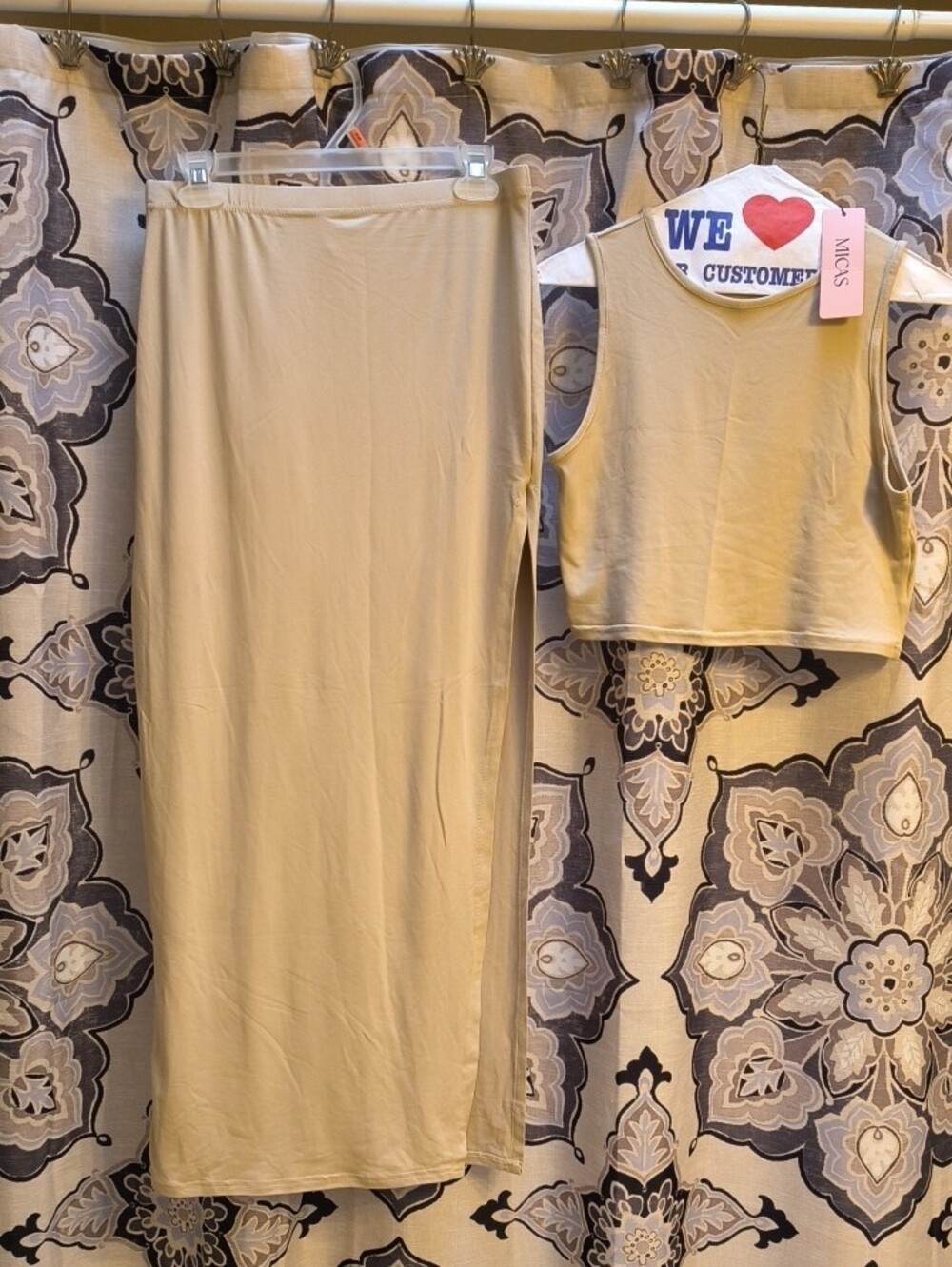 MICAS NWT Two-Piece Ribbed Crop Top & High-Slit Skirt Set in Beige